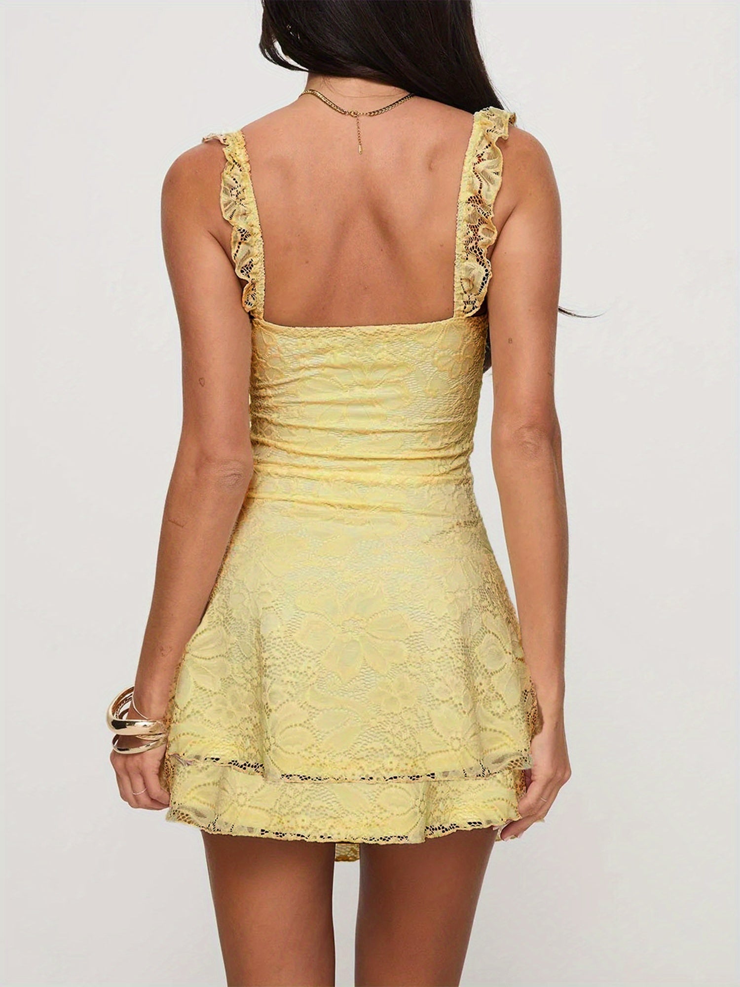 1pc Elegant Cotton Blend Mini Dress for Women - Sleeveless, Low Cut, Spaghetti Strap, Contrast Lace, A-Line, Tiered Hem, Solid Color, Knit Fabric, All Seasons