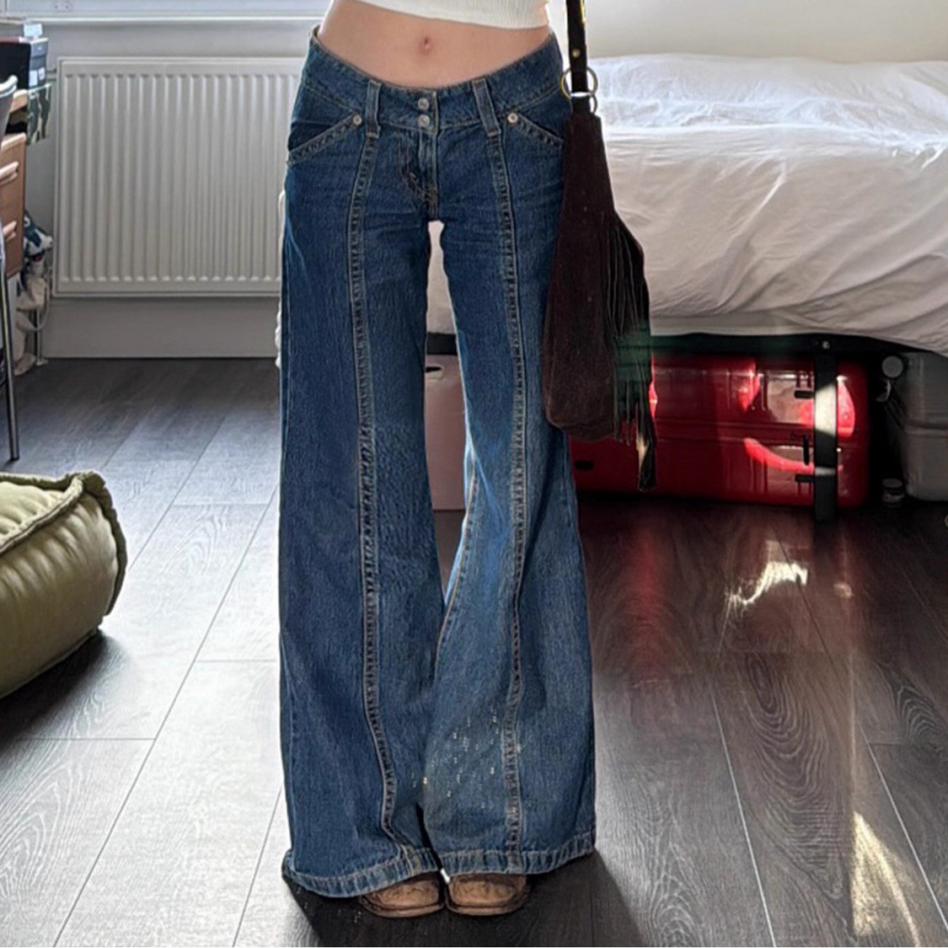 2025 American Retro Style Tall Women's Autumn Low Waist Straight Design Floor-Length Flared Jeans