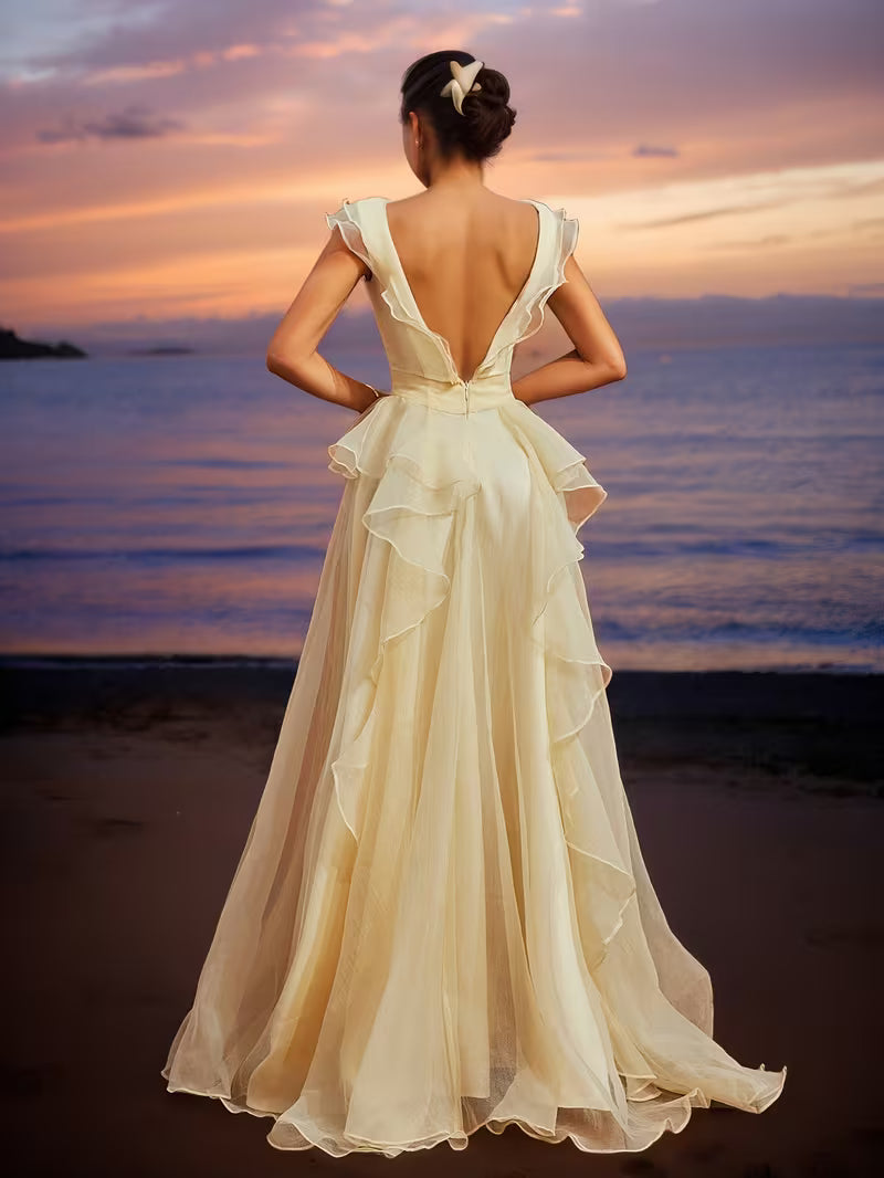 Butterfly Bow Design Elegant Evening Gown, Deep V-Neck Sexy Backless Long Dress with Ruffle Hem and Tulle Capelet Sleeves, High Slit Waistline, Women's Party Dress for Formal Events, Banquets, Balls, and Parties