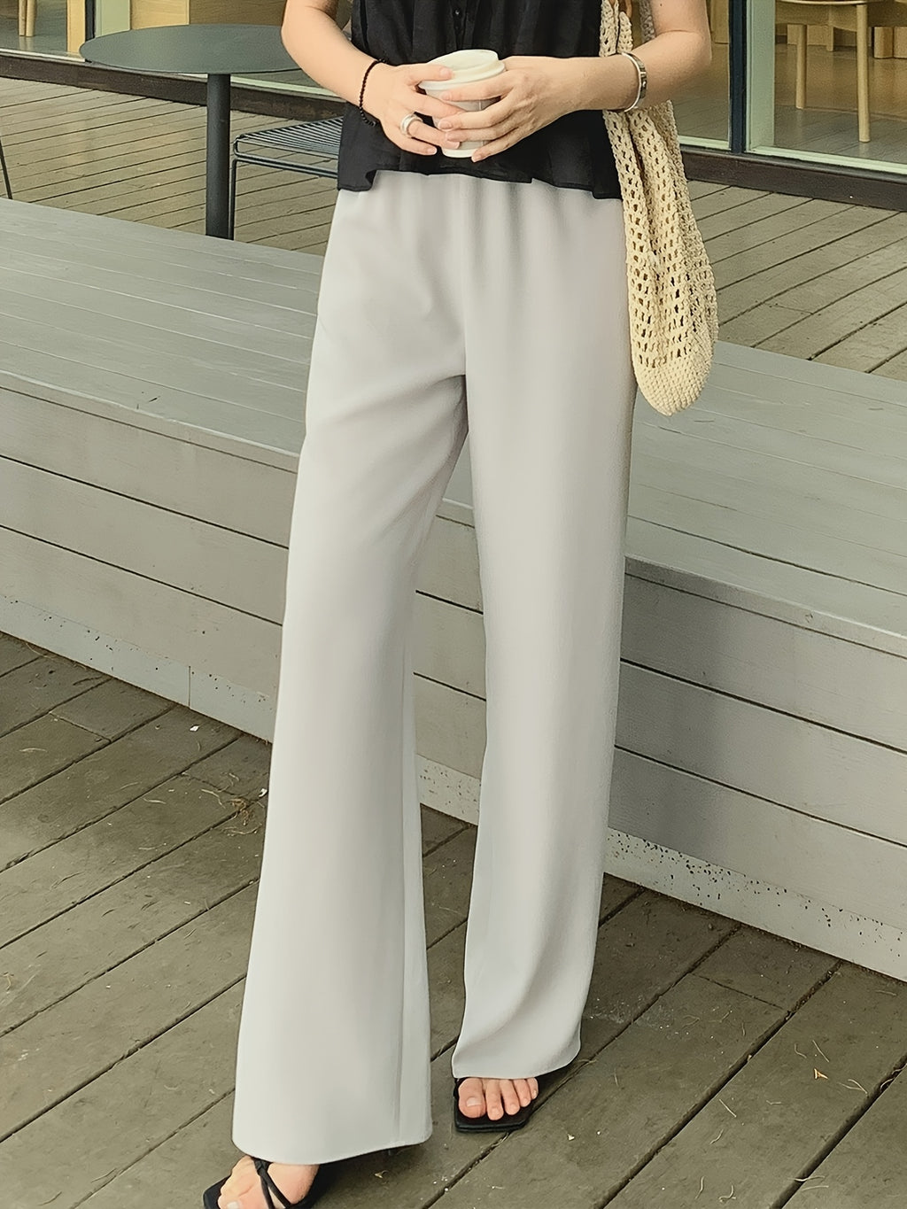 Women's Light Grey Straight-Leg Casual Pants - Non-Stretch Acetate Trousers with Pockets, Regular Fit Long Length for Spring\u002FFall, Versatile for Commuting & Casual Outings, Spring Fall Clothing, Minimalist Design, Practical Pockets