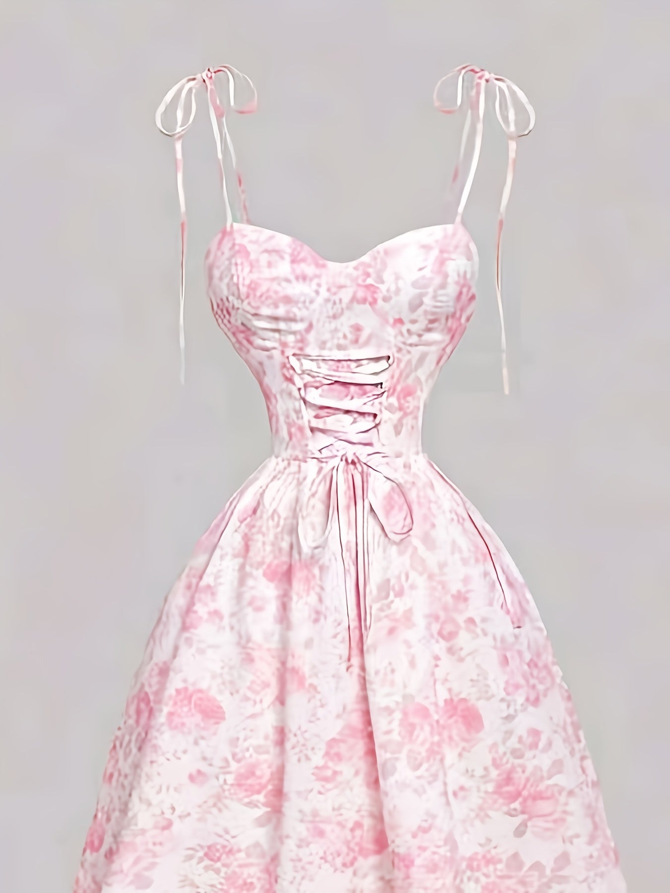 Women'S Elegant French Floral Print A-Line Maxi Dress with Spaghetti Strap & Waist Tie Belt - Pink & Floral Print Long Formal & Casual Evening Gown, Machine Washable For Parties, Office, Casual Attire - Spring\u002Ffall\u002Fsummer Seasonal Wear
