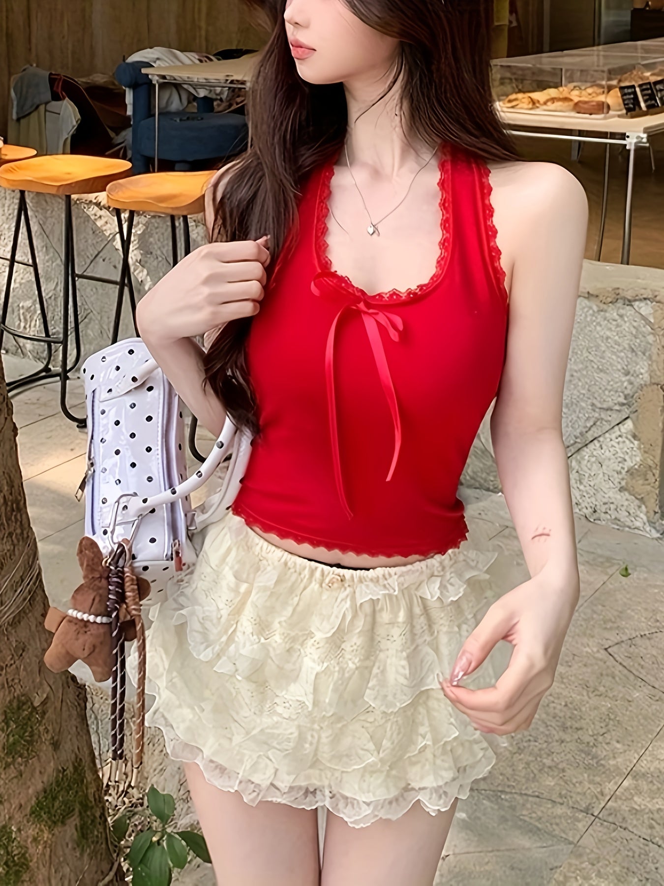 Y2K Sexy Halter Neck Crop Top - Red Lace Trim & Front Bow Detail, Summer Casual H-Silhouette Shirt with Padded Bust, Machine Washable Solid Color Women's Fashion Top, Trendy Outfit, Decorative Bow Detail, Nontransparent Fabric