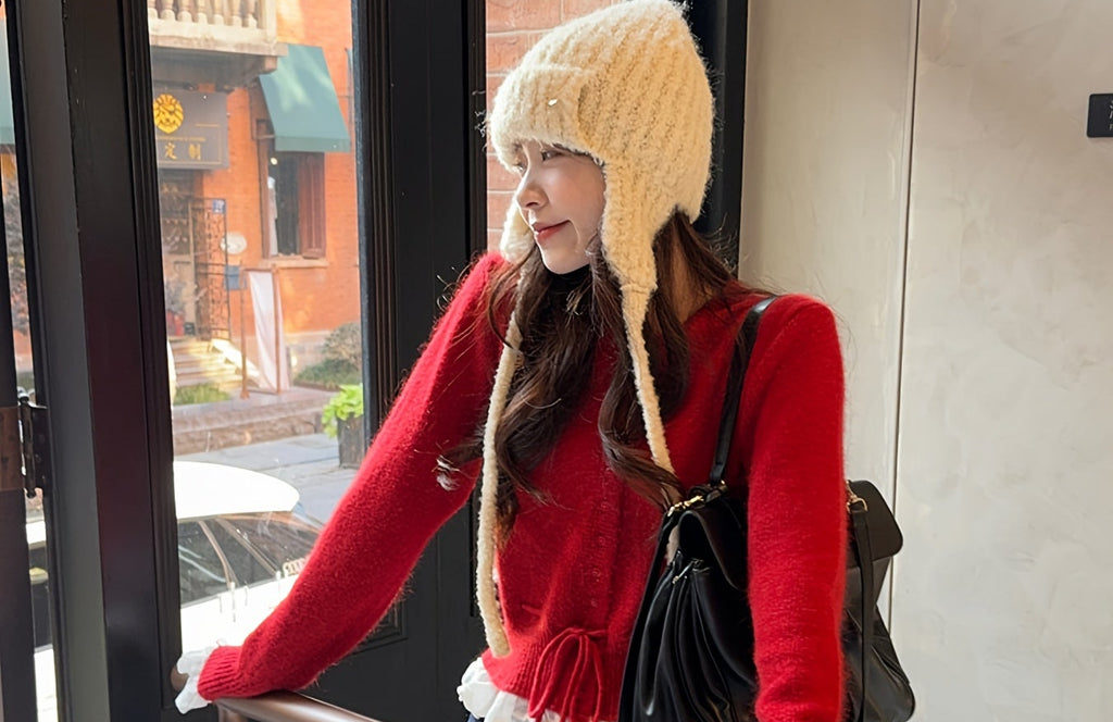 Women's Red Lace Trim Cardigan with Fitted Waist & Puff Sleeves - Cozy Machine-Washable Round Neck Sweater for Fall Winter Layering, Sweater Cardigan, Layering Piece, Crochet Texture, Textured Knitwear