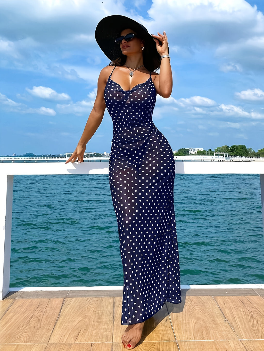Women'S Elegant Polka Dot Slip Dress with Adjustable Thin Straps - Perfect for Summer Vacations, Beach Cover-Up, and Casual Outings, Beach Coverup Dress | Stylish Maxi Dress | Polyester Fabric
