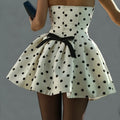 Elegant Off-Shoulder Polka Dot Mini Dress with Back Bow Detail - A-Line Mini Dress for Women, Perfect for Spring\u002FSummer\u002FFall, White with Black Dots, Polyester Fabric, Cute Dresse