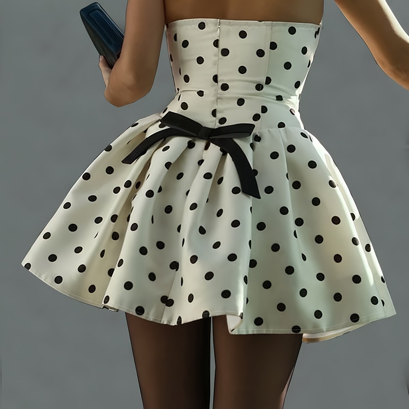 Elegant Off-Shoulder Polka Dot Mini Dress with Back Bow Detail - A-Line Mini Dress for Women, Perfect for Spring\u002FSummer\u002FFall, White with Black Dots, Polyester Fabric, Cute Dresse