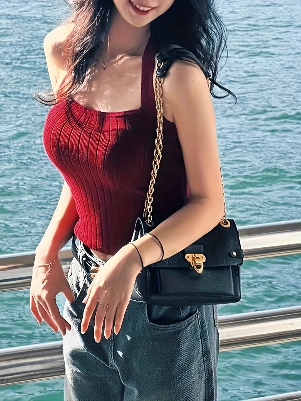 Chic Red Halter Neck Tank Top for Women - Sleeveless Ribbed with Bow Detail, Perfect for Spring\u002FSummer\u002FFall, French-Inspired Slim Fit Backless Design, Summer Tank Tops