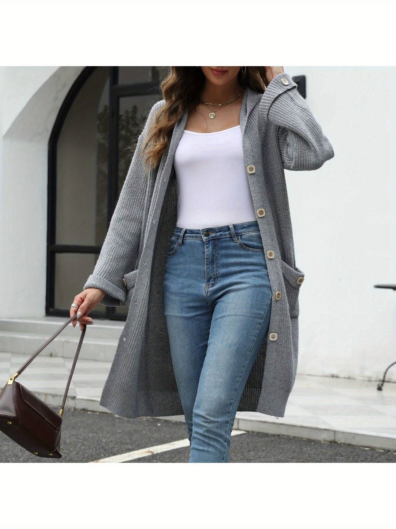 Women's V Neck Cardigan Loose Solid Color Sweater