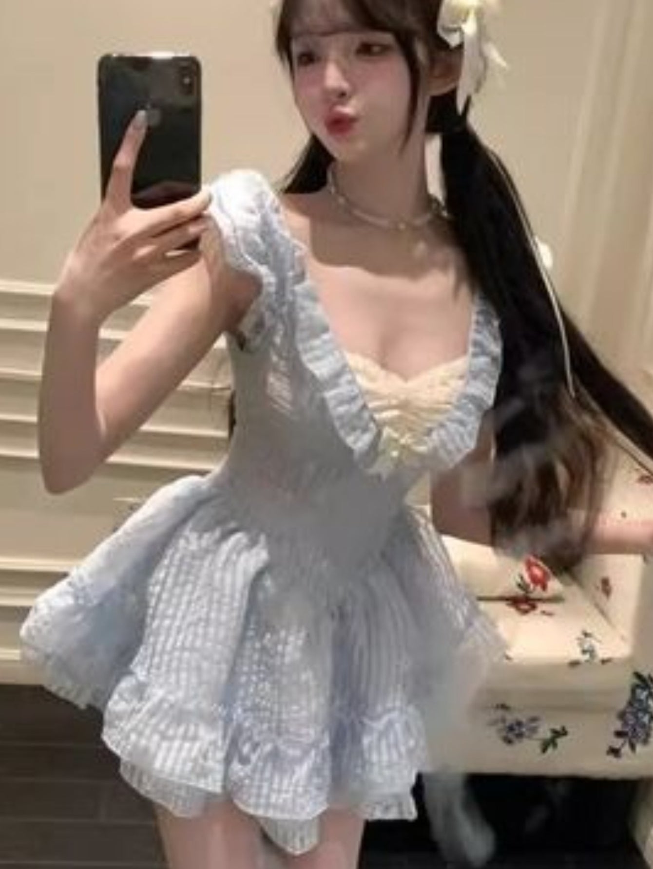 Women's French-Inspired Short Sleeve A-Line Dress with Lace Trim & Smock Bodice - Slim-Fit Mini Wedding Guest Dress, Boned Waist Vintage Style Party Dress for Petite Ladies, Hand Washable (No Elastic) - All-Season Elegant Outfit