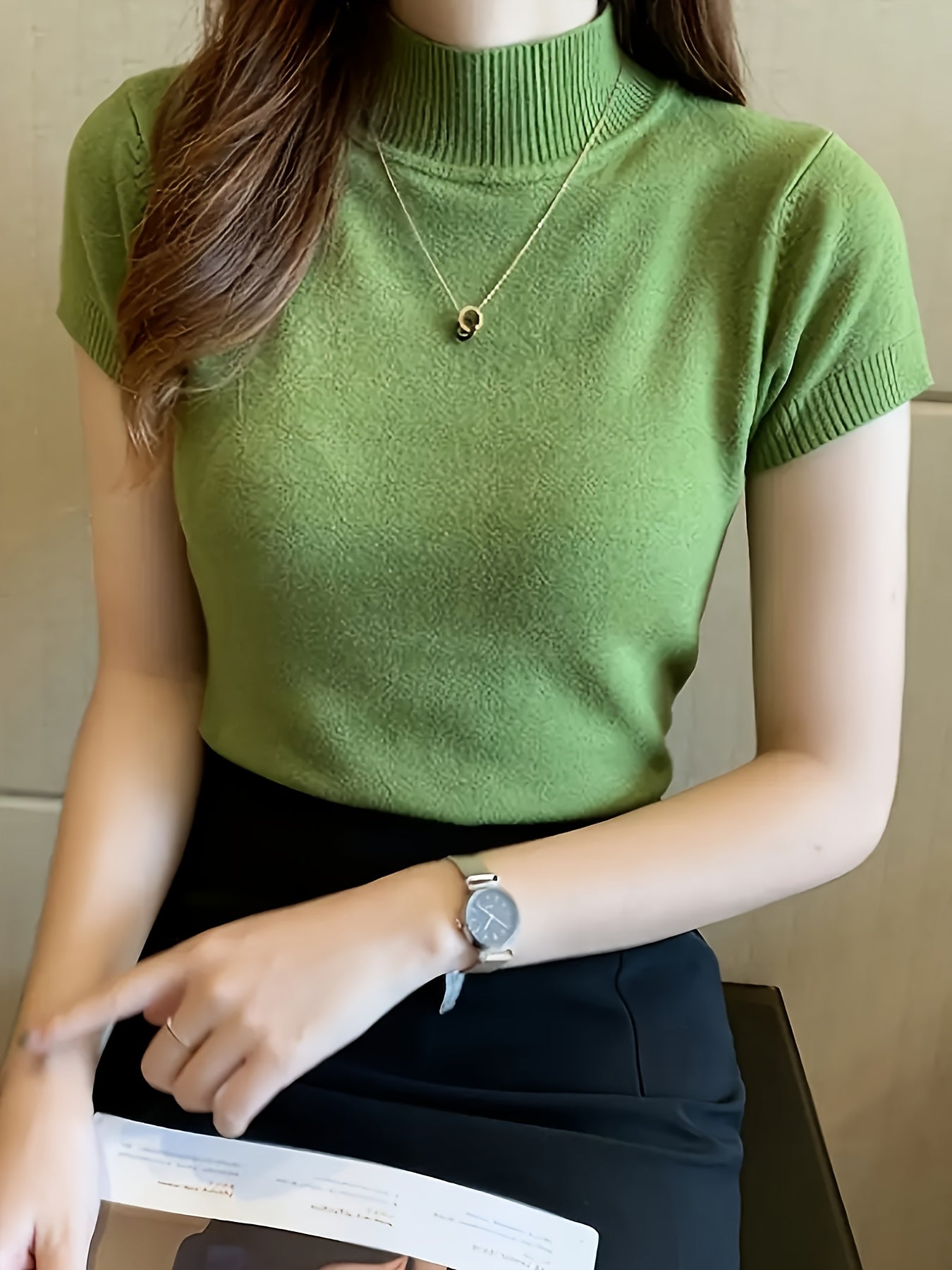 Women's Chic Sweater - Stretchy Office to Party Top, Non-See-Through Slim Fit Shirt for Spring\u002FSummer\u002FFall, Machine Washable Everyday & Formal Outfits, Seasonal Fashion, Highneck Design, Comfortable Wear