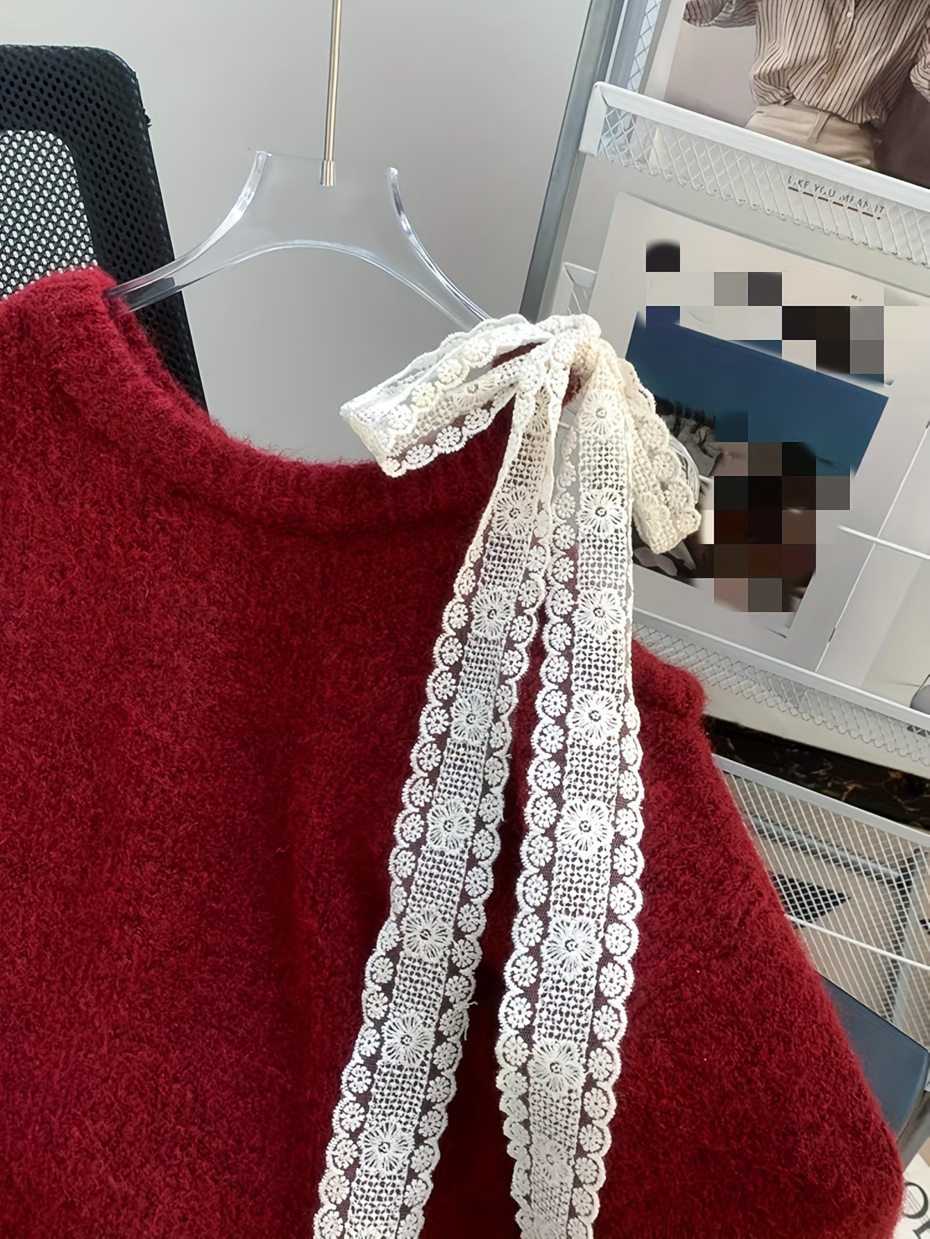 European and American Autumn-Winter New Fashion Heavy-Duty Contrast Lace Splicing Bow Mid-Length Sweater Pullover Jacket for Women