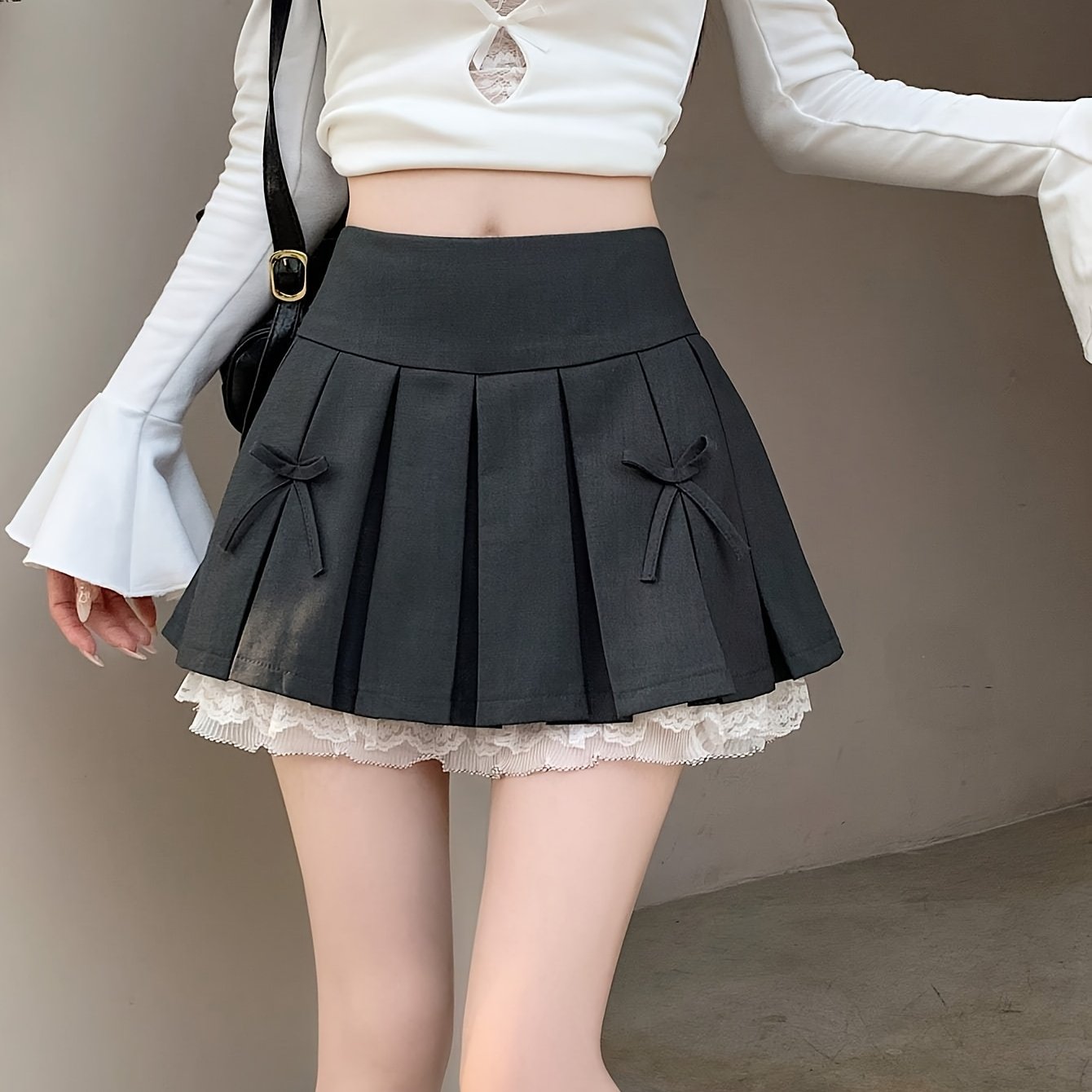 Women'S A-Line Pleated Skirt with Lace Trim & Bow Accents - Black Casual Layered Skirt for Spring Summer Fall, Versatile for Casual & Formal Outfits, Seasonal Fashion, Feminine Style, Quality Stitching, Fashion Lovers