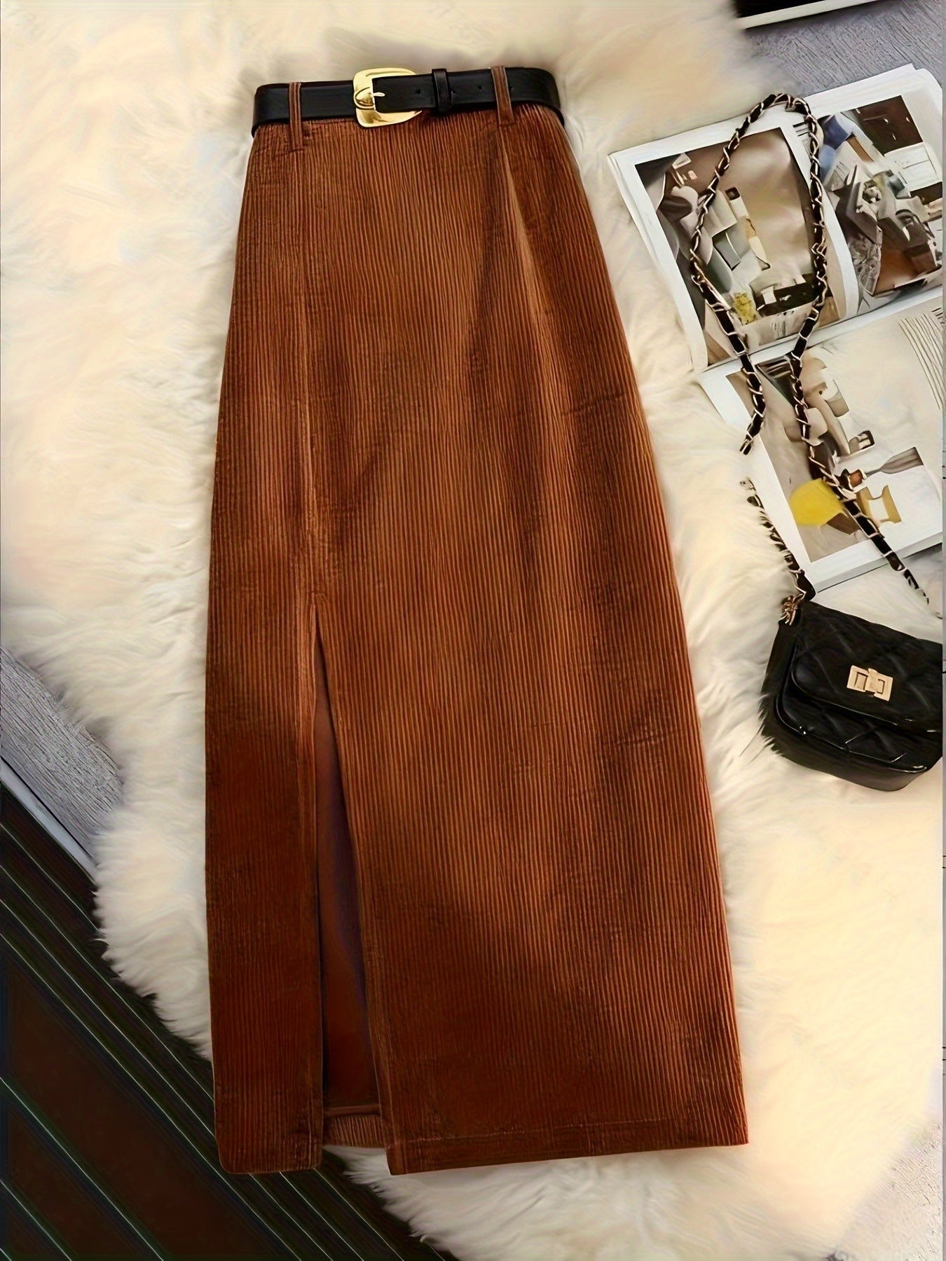 Women's Elegant Vintage Corduroy A-Line Skirt - High-Waisted Long Winter Skirt with Slant Split, Brown Corduroy Pants-like Style (No Elastic), Machine Washable Fall\u002FWinter to Party Outfits - Tailored Fit Non-Stretch Skirt