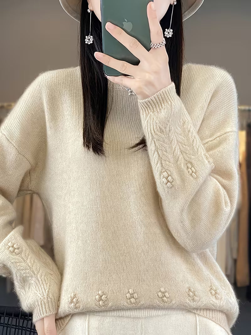 100% WOOL Women'S Elegant Sweater | Soft Long Sleeve Pullover with Round Neck, Neutral Tones, Button Details - Cozy Fall/Winter Sweater for Everyday & Formal Outfits