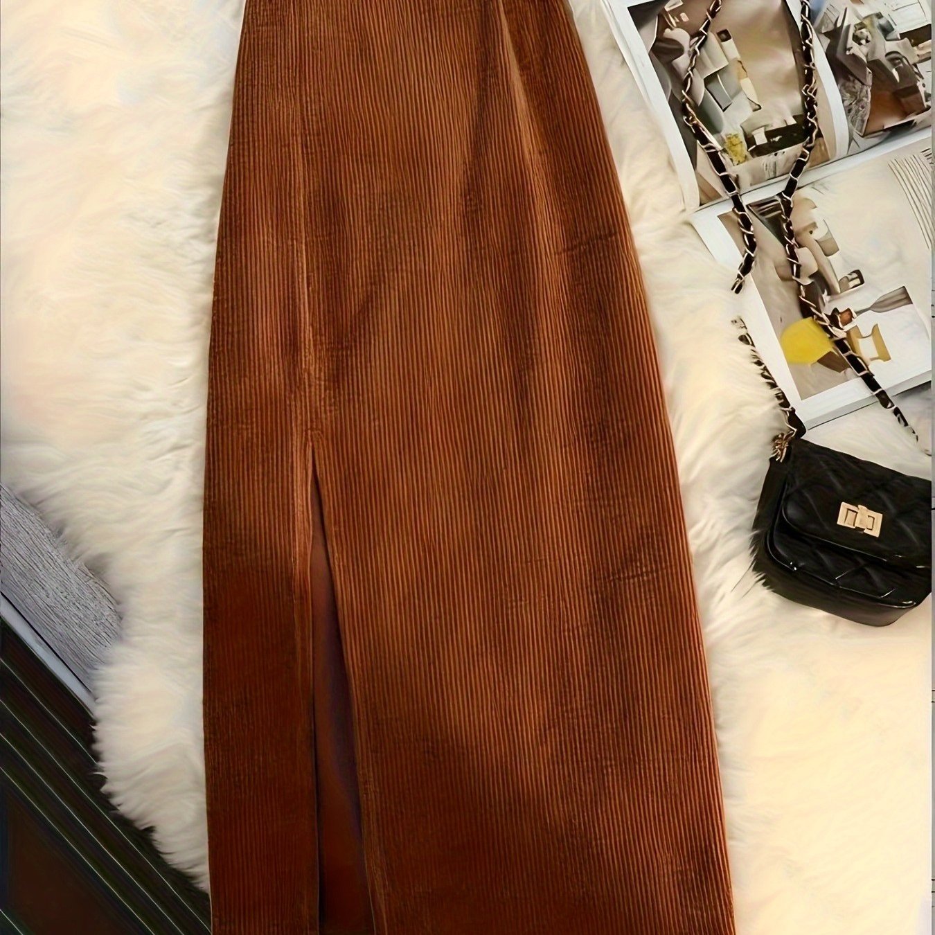 Women's Elegant Vintage Corduroy A-Line Skirt - High-Waisted Long Winter Skirt with Slant Split, Brown Corduroy Pants-like Style (No Elastic), Machine Washable Fall\u002FWinter to Party Outfits - Tailored Fit Non-Stretch Skirt