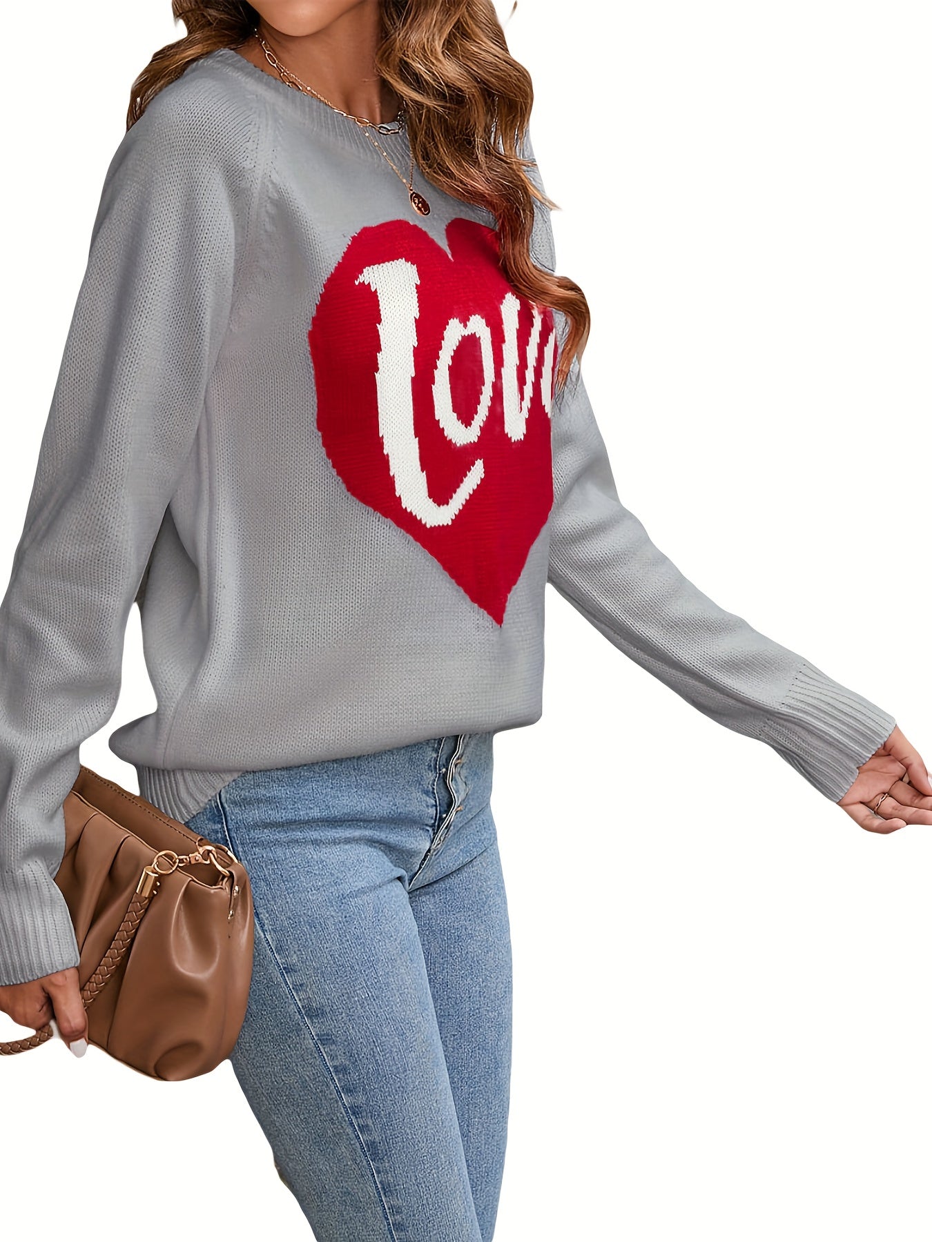 1pc Vintage Style Women'S Knit Sweater with Heart-Shaped