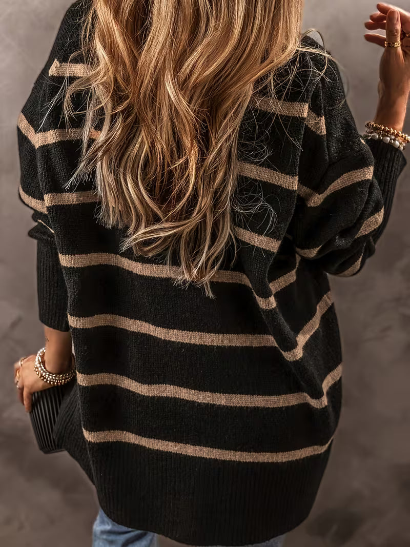 Autumn and Winter New Striped Color Block Minimalist Cardigan | Casual V-neck Style for Fall/Winter