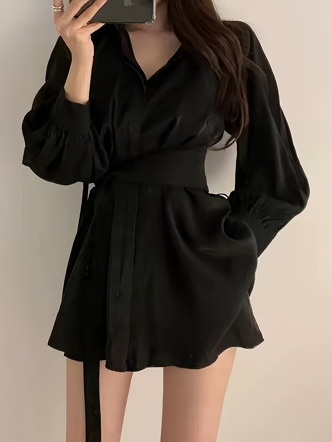 Temperament Waist Slim Blouse Spring And Autumn Design Sense Niche Balloon Sleeve Mid-length Shirt Dress Casual Big-name Versatile Comfortable Dress Set