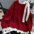 European and American Autumn-Winter New Fashion Heavy-Duty Contrast Lace Splicing Bow Mid-Length Sweater Pullover Jacket for Women