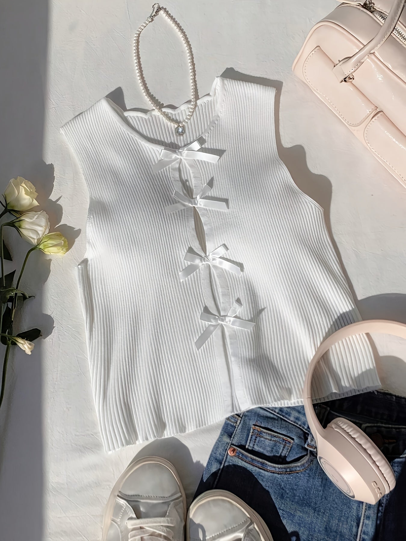 Women's Sexy Summer Stretch Vest - Form-Fitting Ribbed Design with Bow Accents, High Elasticity Round Neck Sleeveless Top, Solid Color Casual to Dressy Wear, Sleeveless Vests, Versatile Clothing, Sensual Material