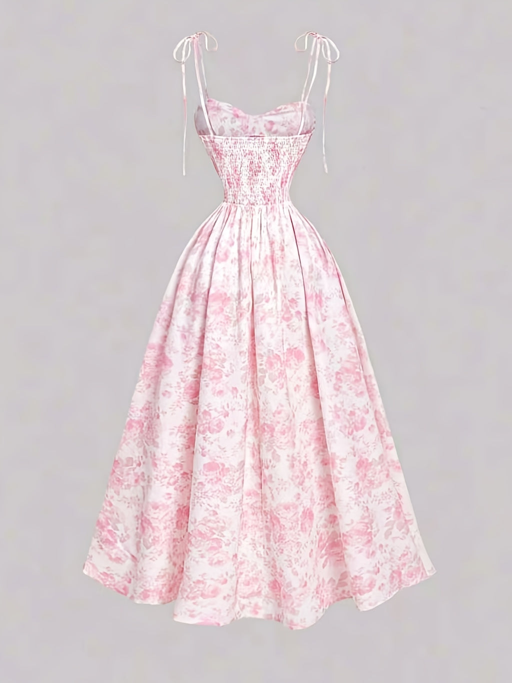 Women'S Elegant French Floral Print A-Line Maxi Dress with Spaghetti Strap & Waist Tie Belt - Pink & Floral Print Long Formal & Casual Evening Gown, Machine Washable For Parties, Office, Casual Attire - Spring\u002Ffall\u002Fsummer Seasonal Wear