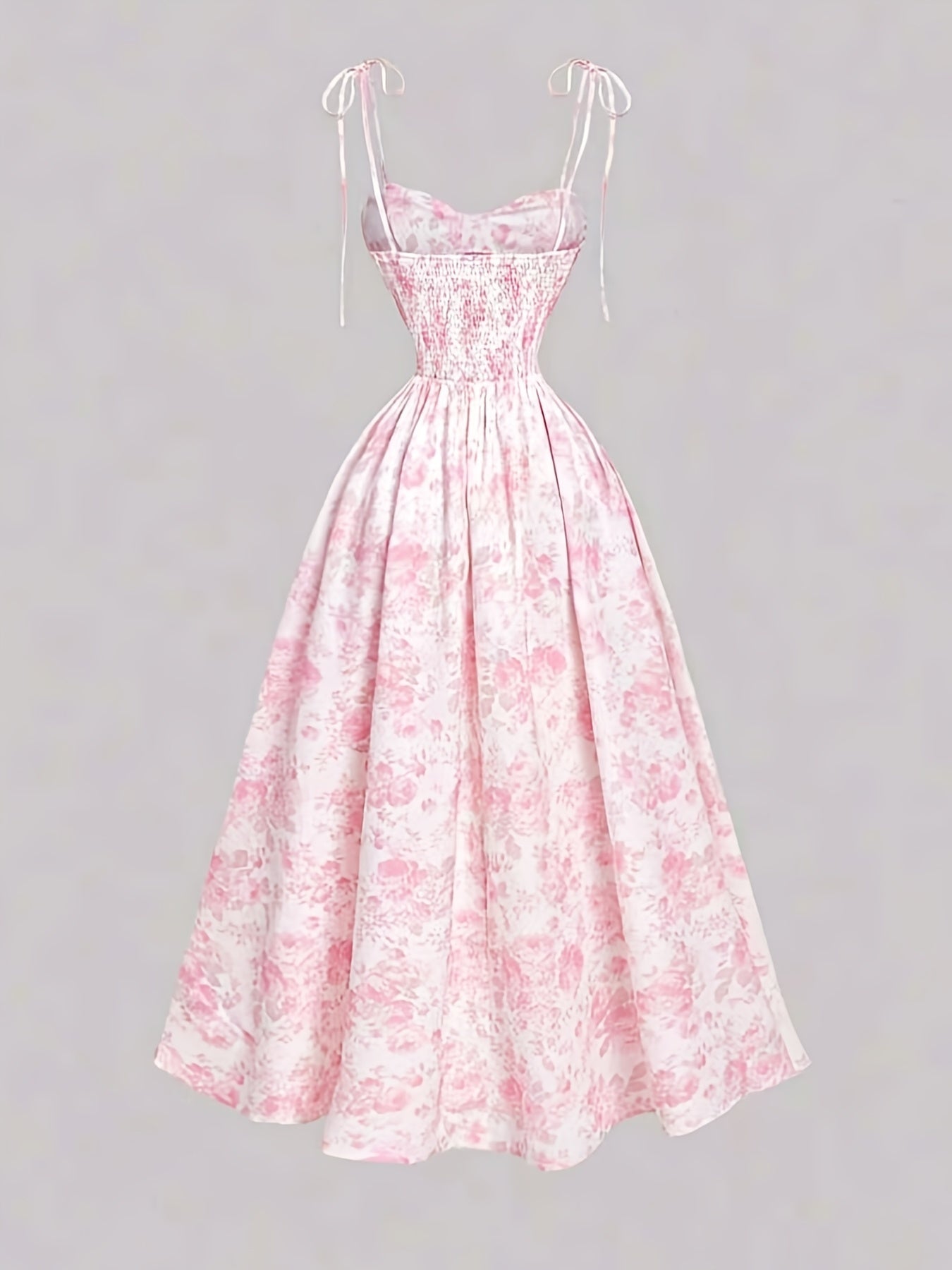 Women'S Elegant French Floral Print A-Line Maxi Dress with Spaghetti Strap & Waist Tie Belt - Pink & Floral Print Long Formal & Casual Evening Gown, Machine Washable For Parties, Office, Casual Attire - Spring\u002Ffall\u002Fsummer Seasonal Wear