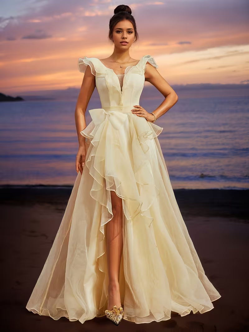 Butterfly Bow Design Elegant Evening Gown, Deep V-Neck Sexy Backless Long Dress with Ruffle Hem and Tulle Capelet Sleeves, High Slit Waistline, Women's Party Dress for Formal Events, Banquets, Balls, and Parties