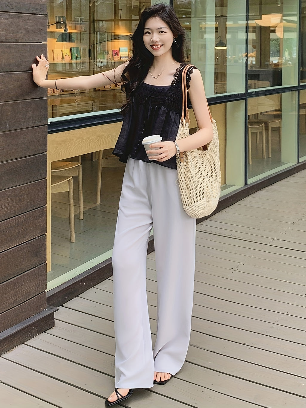 Women's Light Grey Straight-Leg Casual Pants - Non-Stretch Acetate Trousers with Pockets, Regular Fit Long Length for Spring\u002FFall, Versatile for Commuting & Casual Outings, Spring Fall Clothing, Minimalist Design, Practical Pockets