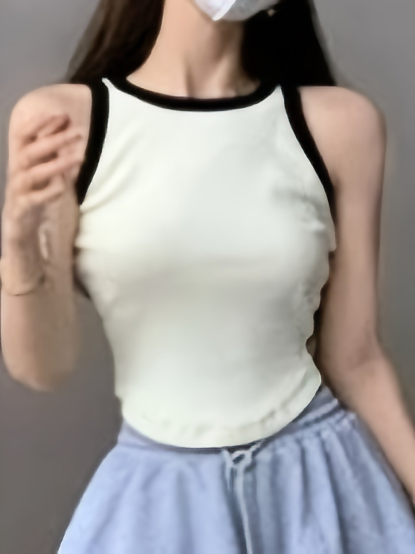 Women's C-Key Vacation Style Color-Block Tank Top - White & Black Sleeveless Round Neck, Medium Stretch Machine-Washable All-Season Casual Top, Versatile Clothing, Twist Knot Detail, Comfortable Fit