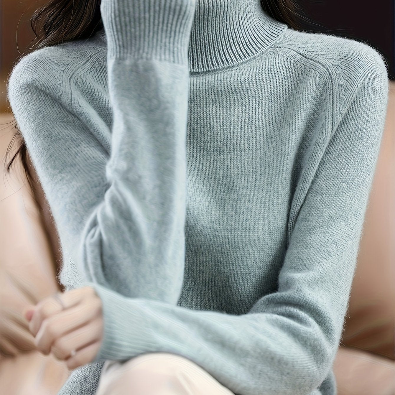 Women's Slim-Fit High Neck Sweater - Elegant Long Raglan Sleeve Turtleneck Pullover, Soft Winter Sweater Coat for Layering, Casual & Formal Wear, Machine Washable H-Line Silhouette (All-Season) in \u002FGrey\u002FBeige\u002FNude