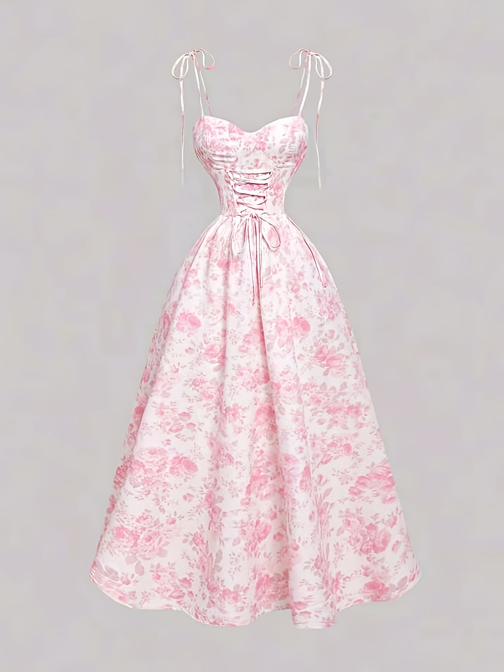 Women'S Elegant French Floral Print A-Line Maxi Dress with Spaghetti Strap & Waist Tie Belt - Pink & Floral Print Long Formal & Casual Evening Gown, Machine Washable For Parties, Office, Casual Attire - Spring\u002Ffall\u002Fsummer Seasonal Wear