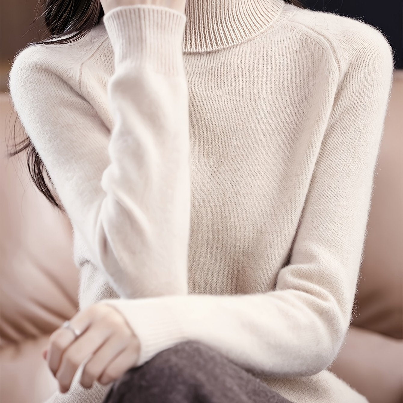 Women's Slim-Fit High Neck Sweater - Elegant Long Raglan Sleeve Turtleneck Pullover, Soft Winter Sweater Coat for Layering, Casual & Formal Wear, Machine Washable H-Line Silhouette (All-Season) in \u002FGrey\u002FBeige\u002FNude