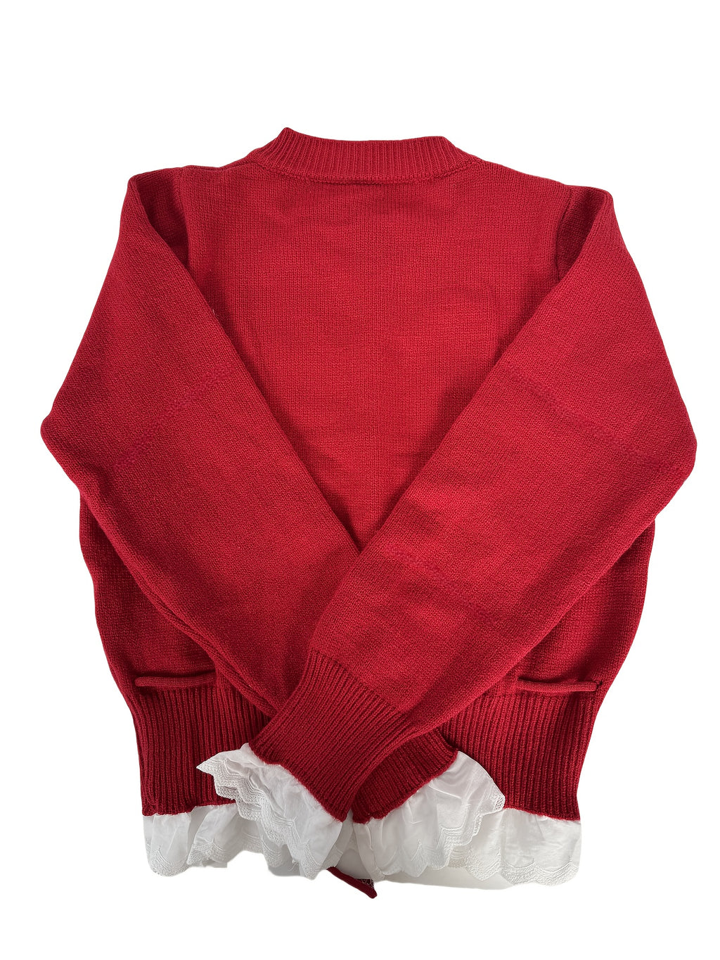 Women's Red Lace Trim Cardigan with Fitted Waist & Puff Sleeves - Cozy Machine-Washable Round Neck Sweater for Fall Winter Layering, Sweater Cardigan, Layering Piece, Crochet Texture, Textured Knitwear