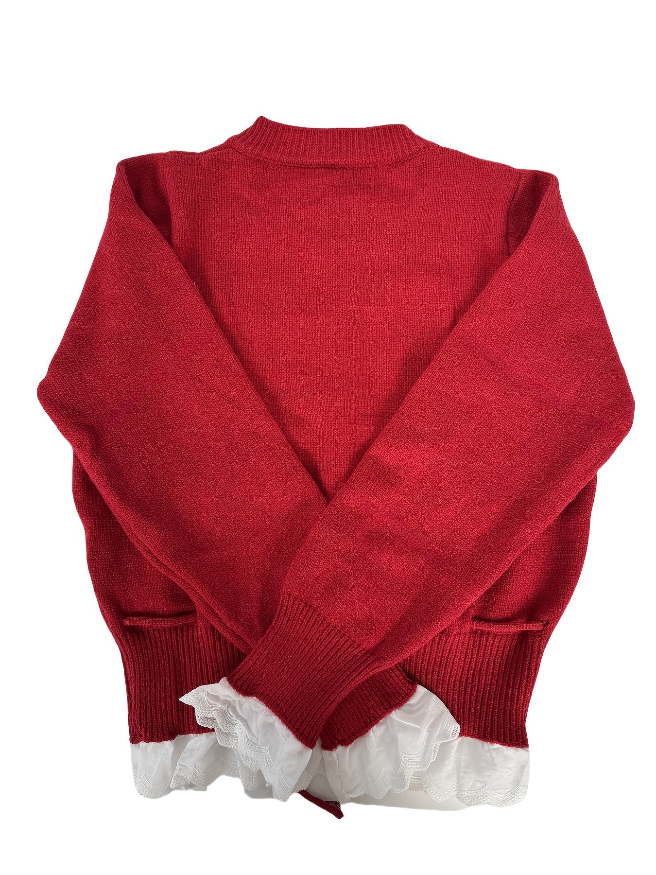 Women's Red Lace Trim Cardigan with Fitted Waist & Puff Sleeves - Cozy Machine-Washable Round Neck Sweater for Fall Winter Layering, Sweater Cardigan, Layering Piece, Crochet Texture, Textured Knitwear