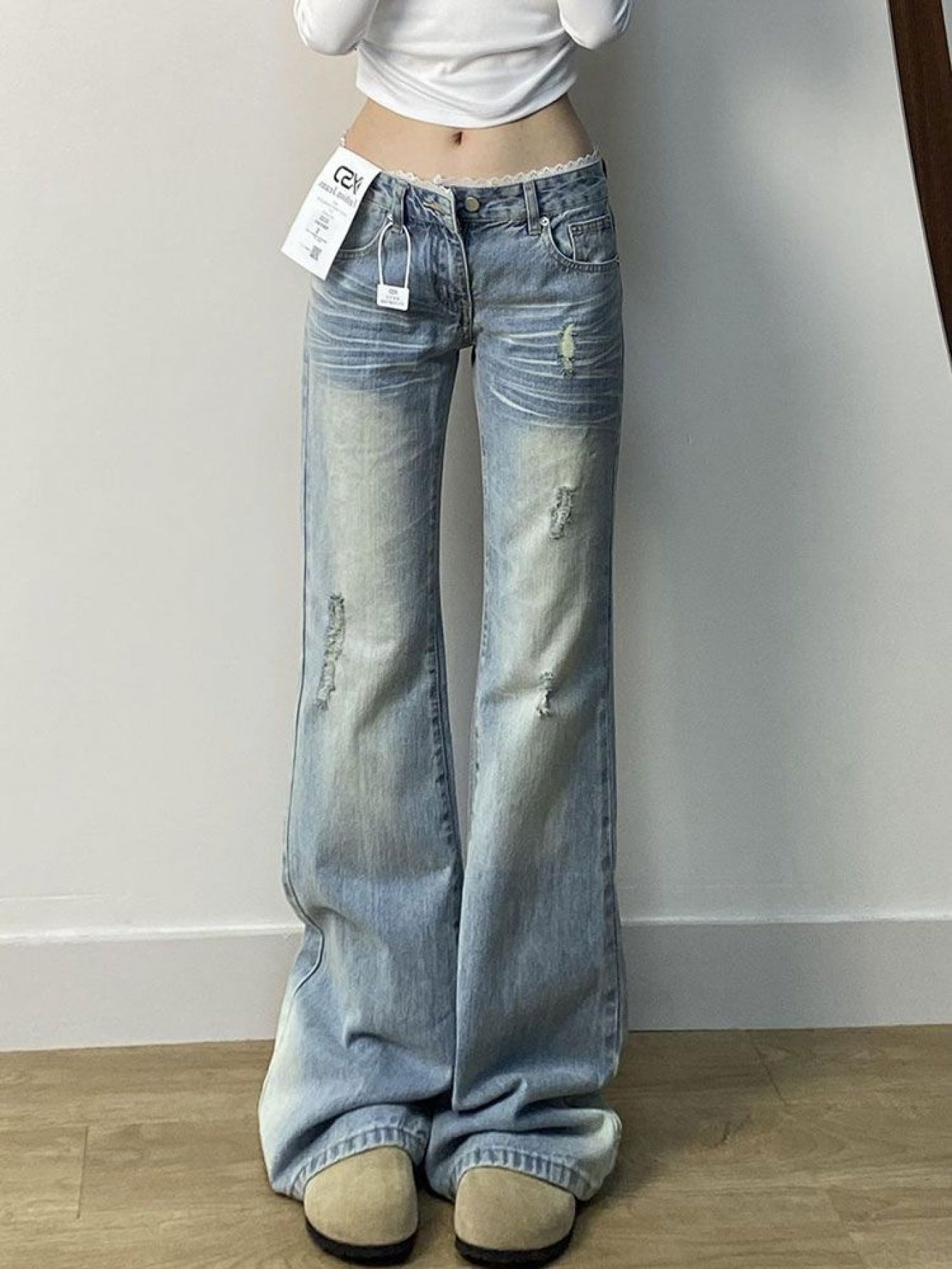 Women'S High-Waisted Ripped Flared Jeans - Slim Fit, Stretch Denim, Button Detail, Casual Summer Style, Light Blue, Loose Fit, High Waist, Casual Summer Wear|Ripped Flared Jeans|Slim Fit Jeans