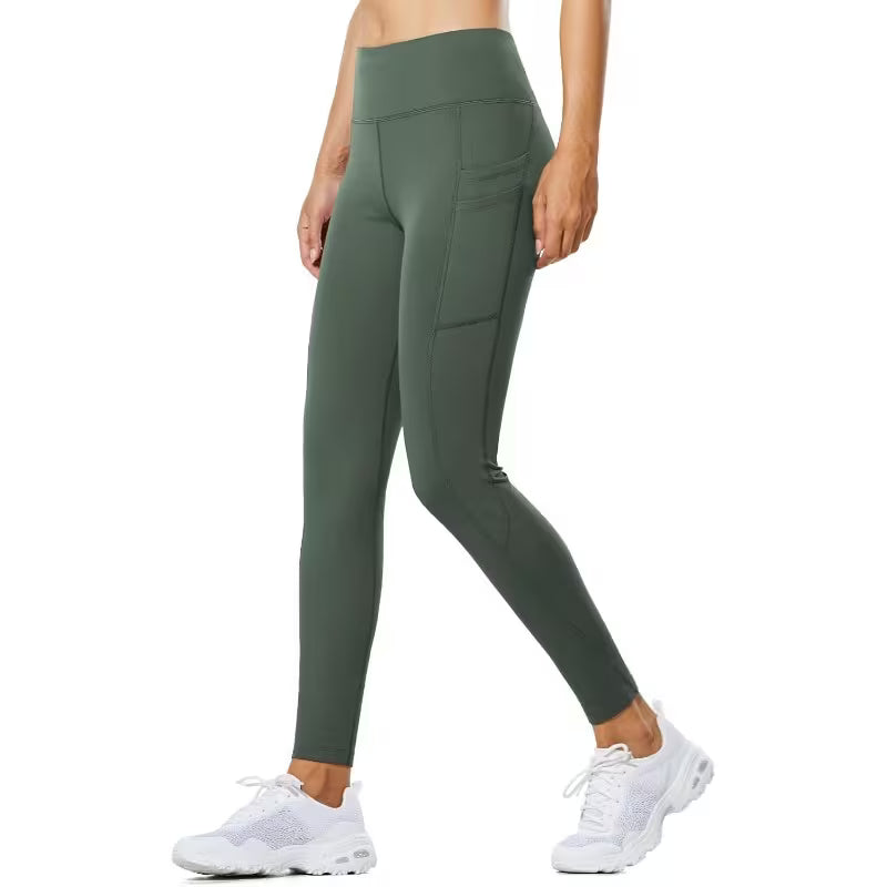 Women'S High-Waisted Fleece-Lined Thermal Winter Leggings - Water-Resistant Warm Tights with Pockets, Olive Green & Multi-Color Options, 4-Way Stretch for Running, Gym, Outdoor Sports & Casual Wear - Durable Cold Weather Athletic Pants