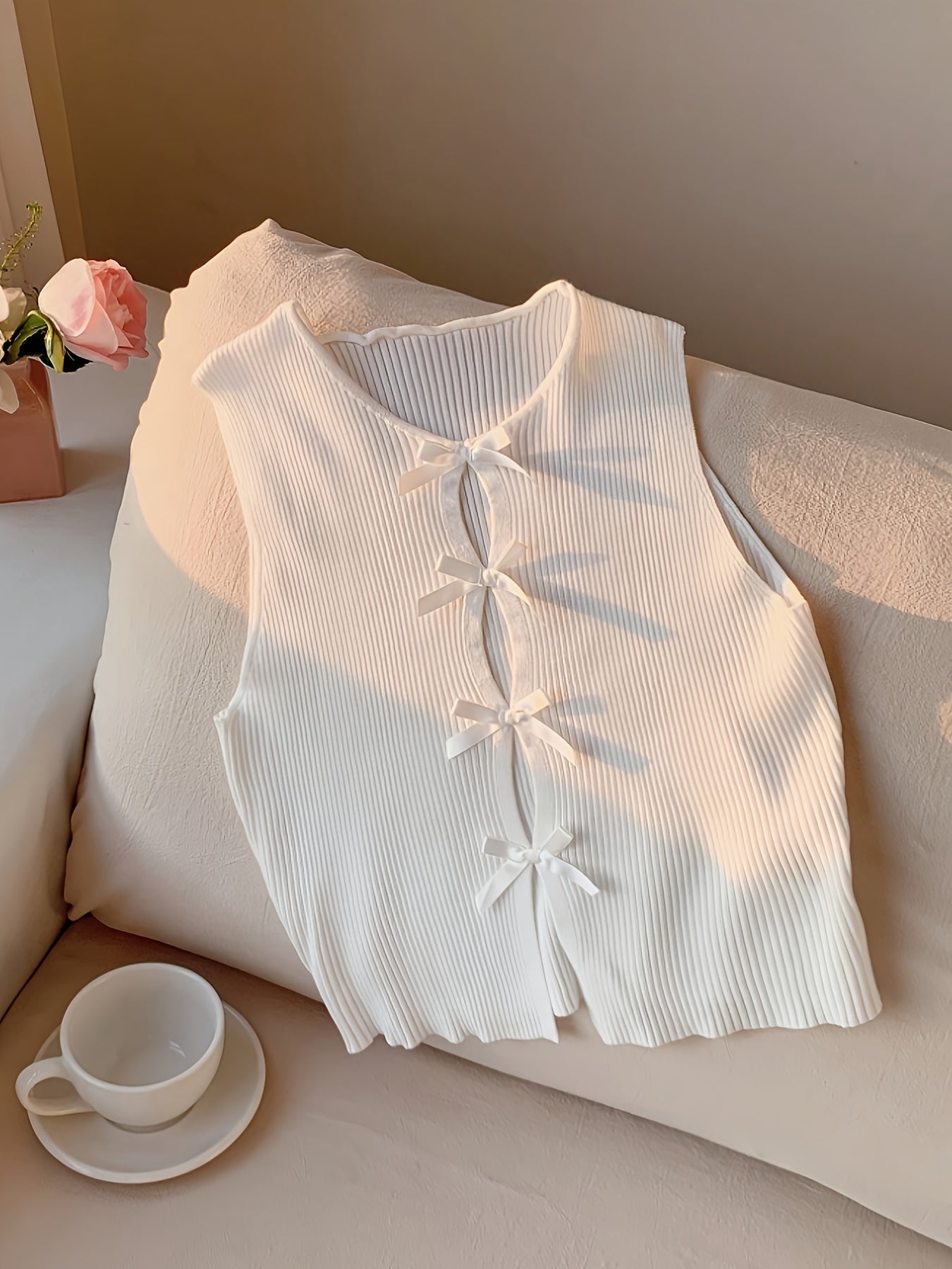 Women's Sexy Summer Stretch Vest - Form-Fitting Ribbed Design with Bow Accents, High Elasticity Round Neck Sleeveless Top, Solid Color Casual to Dressy Wear, Sleeveless Vests, Versatile Clothing, Sensual Material