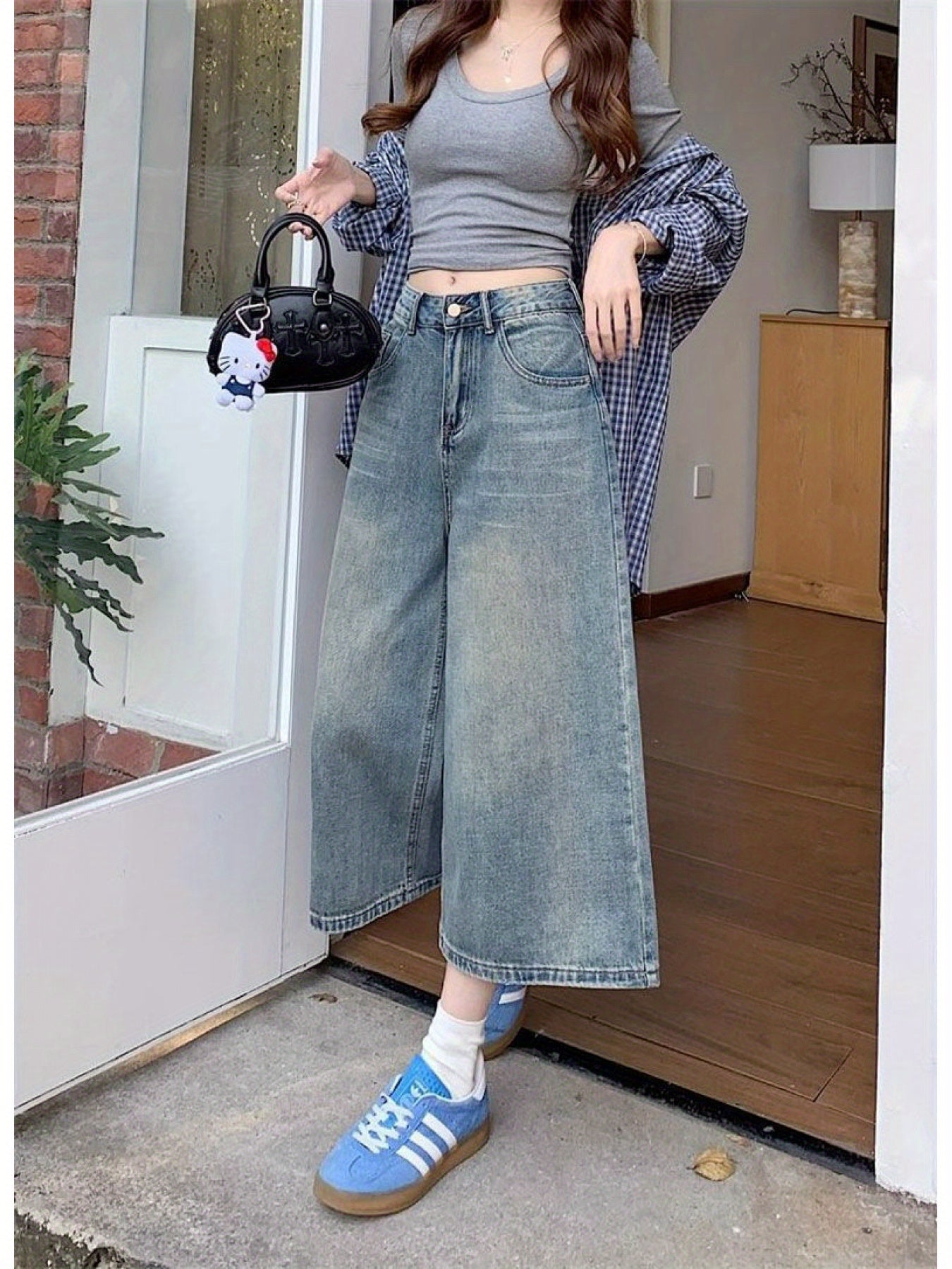Women'S Vintage Washed Cropped Jeans, Summer High-Waisted Straight Wide-Leg Trousers, Mid-Length Eight-Quarter Pants for Petite Sizes