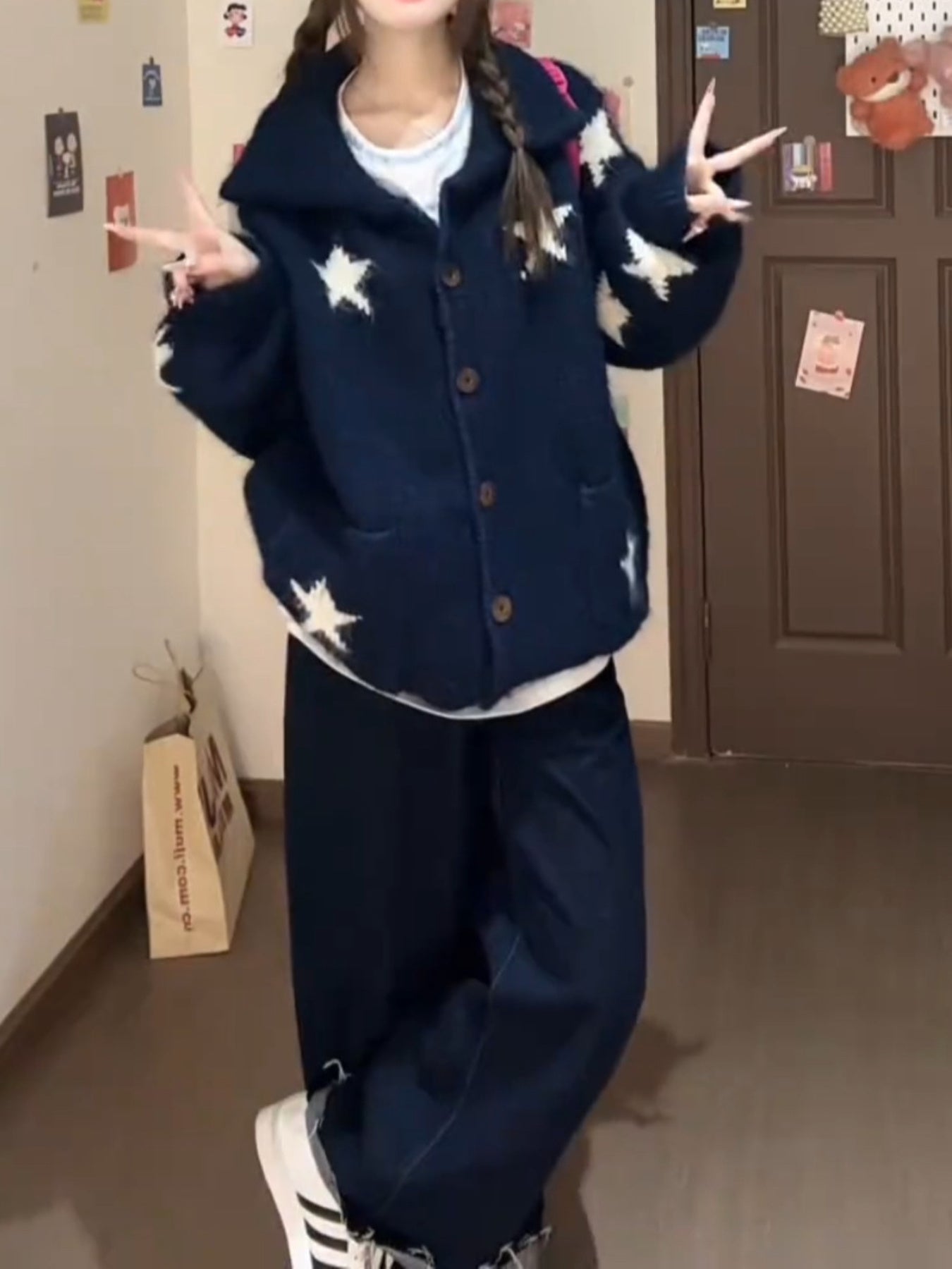 Women's Short-Length Star Cardigan - Belted Slim-Fit Winter Coat with Navy Blue & White Star Pattern, Short Jacket for Layering (No Padding) - Elegant Sweater Jacket for Fall\u002FWinter, Hand Wash\u002FDry Clean (Casual & Formal