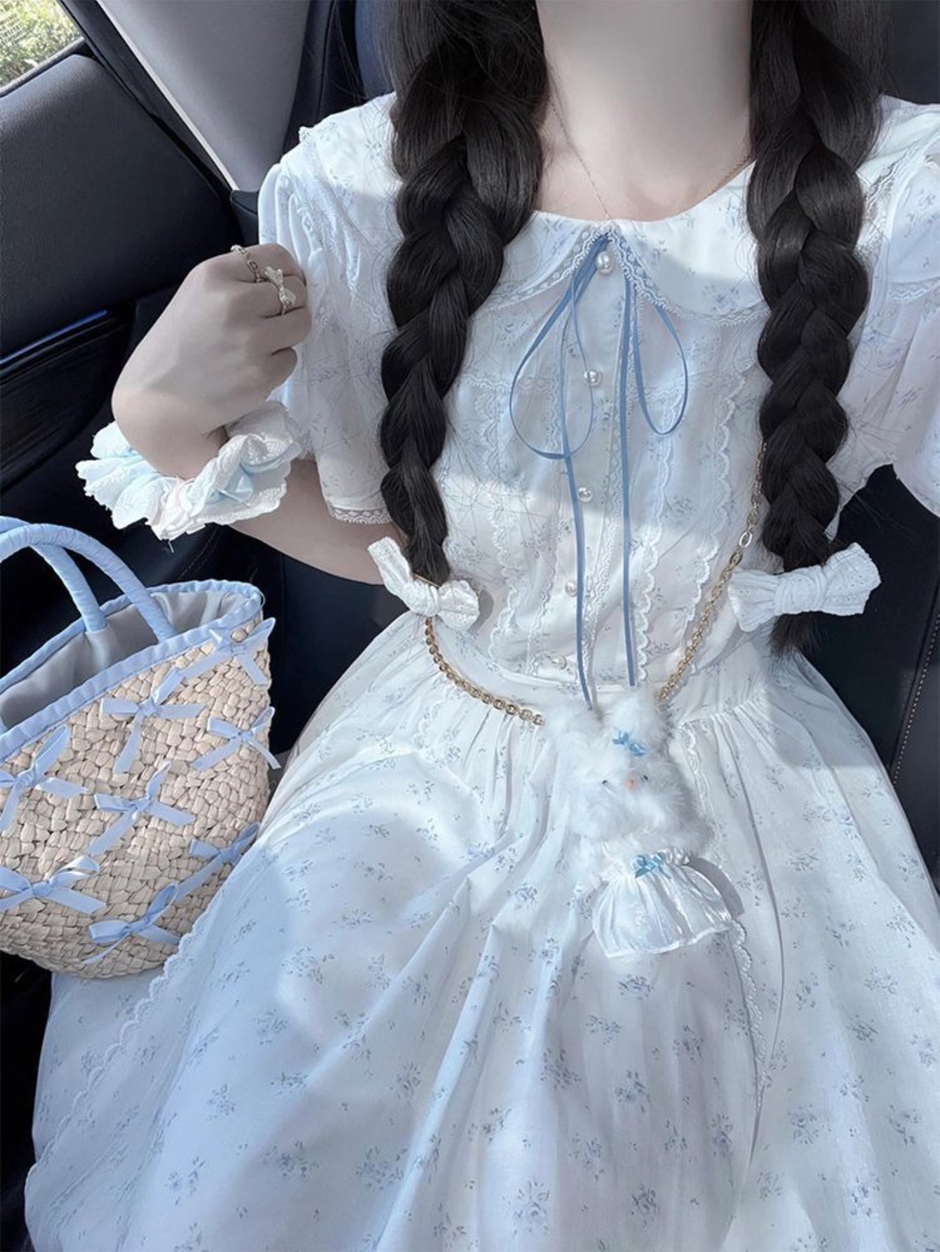 Women's Elegant Floral Print A-Line Dress with Spaghetti Strap & Smock Neckline - Slim-Fit Waist, Full Skirt, Blue Floral Pattern on White - All-Season Semi-Sheer Long Dress for Casual to Semi-Formal Events, Hand Washable Lightweight Fabric