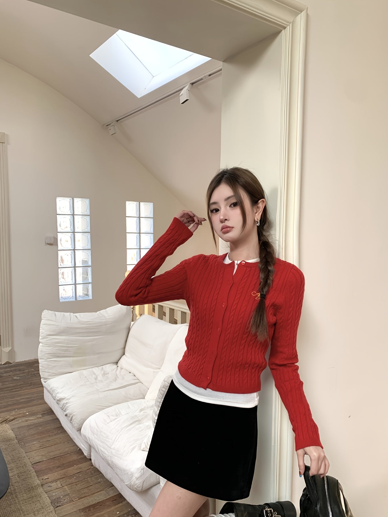 Women's Korean-Style Red Letter- Slim-Fit Cardigan Sweater - H-Line Silhouette, Round Neck Long Sleeve Winter Jacket, Korean Fashion Sweaters for Fall\u002FWinter Layering (Casual & Formal Wear)