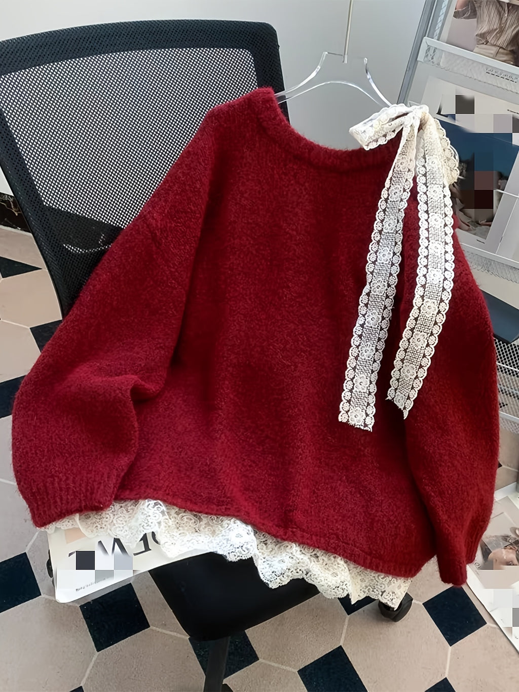 European and American Autumn-Winter New Fashion Heavy-Duty Contrast Lace Splicing Bow Mid-Length Sweater Pullover Jacket for Women