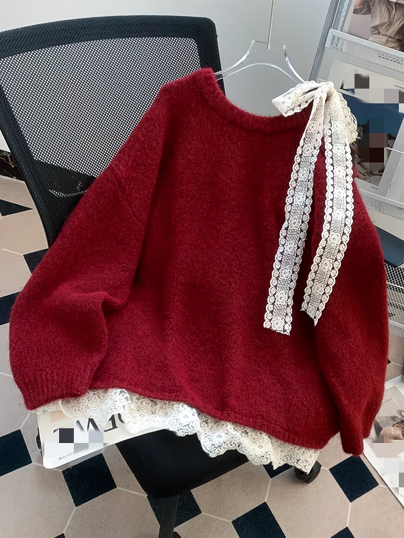 European and American Autumn-Winter New Fashion Heavy-Duty Contrast Lace Splicing Bow Mid-Length Sweater Pullover Jacket for Women