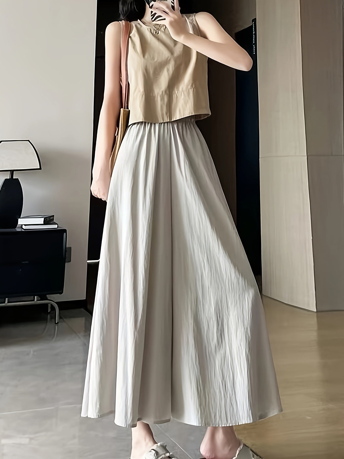 Women'S High-Waisted Wide-Leg Culottes - Loose Fit Elastic Waist Casual Summer Skirt, Solid Color Beige, Perfect for Weekend Outings & Casual Attire, Comfortable Clothing, Minimalist Style, Smooth Texture Fabric