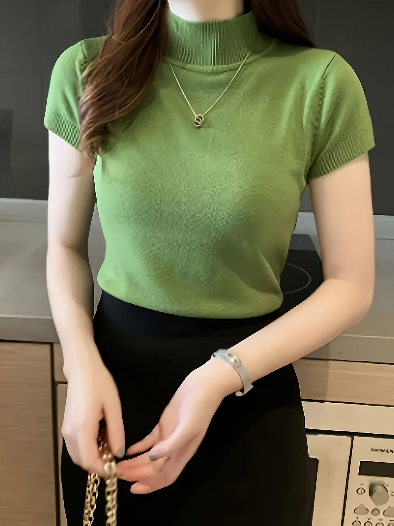 Women's Chic Sweater - Stretchy Office to Party Top, Non-See-Through Slim Fit Shirt for Spring\u002FSummer\u002FFall, Machine Washable Everyday & Formal Outfits, Seasonal Fashion, Highneck Design, Comfortable Wear