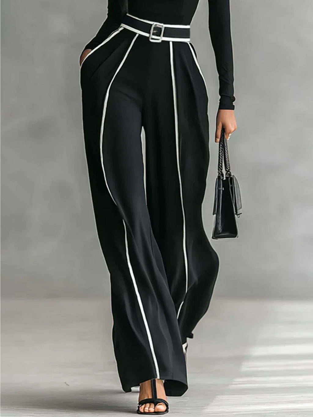 Magic Mia Women's Black Wide-Leg Pants - High Waist with White Piping & Belt Detail | Tailored Elegant Fit for Office Commute, Casual Daily & Fashion Styling (Flowy Fabric & Figure-Flattering) for Sophisticated Looks