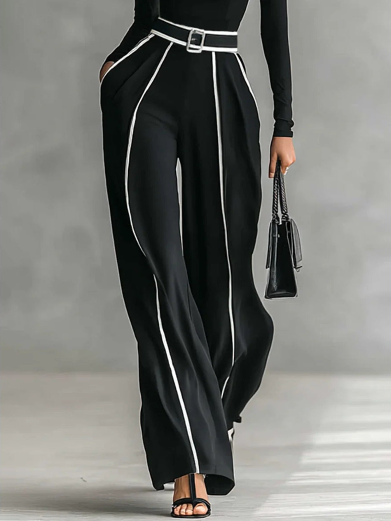 Magic Mia Women's Black Wide-Leg Pants - High Waist with White Piping & Belt Detail | Tailored Elegant Fit for Office Commute, Casual Daily & Fashion Styling (Flowy Fabric & Figure-Flattering) for Sophisticated Looks