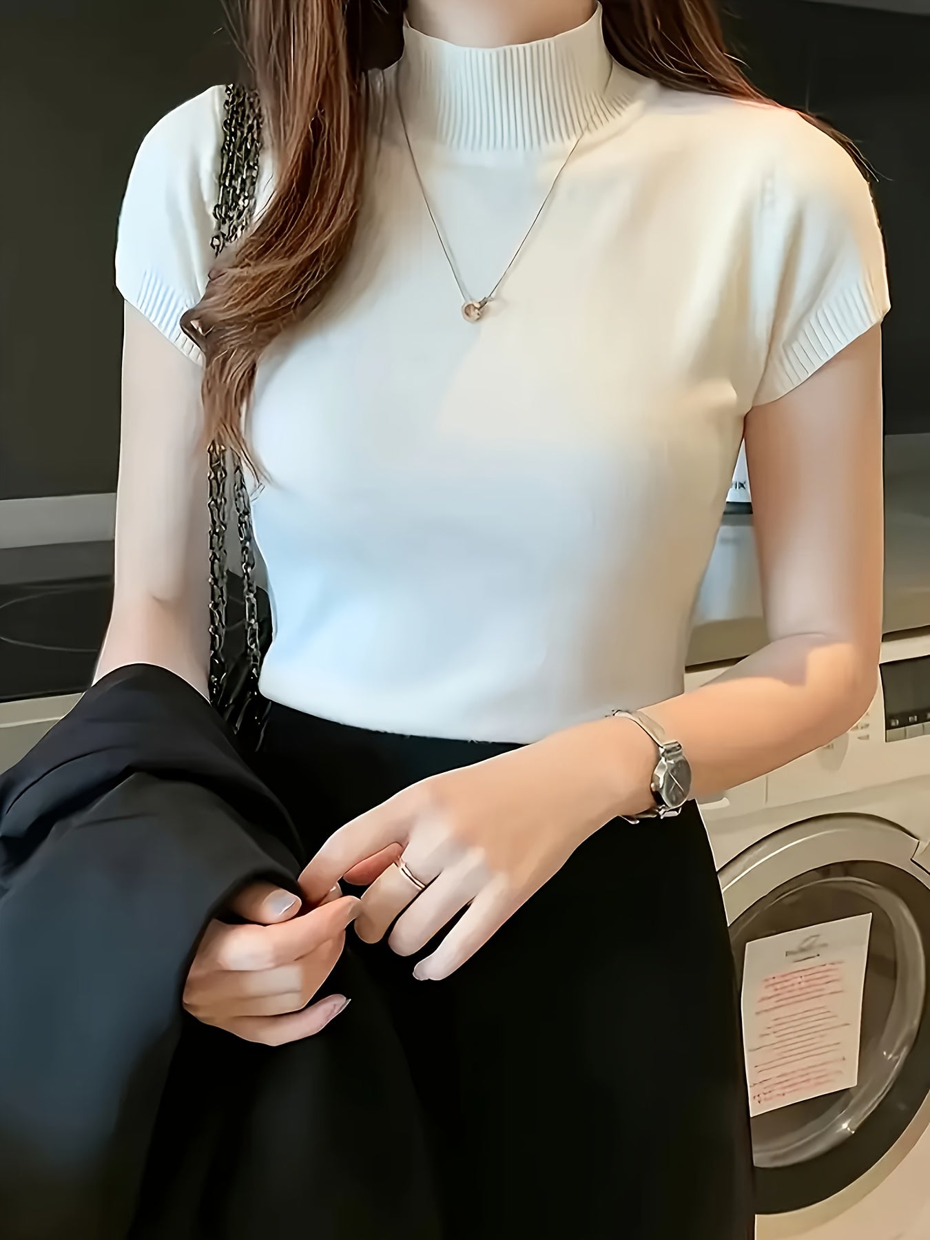 Women's Chic Sweater - Stretchy Office to Party Top, Non-See-Through Slim Fit Shirt for Spring\u002FSummer\u002FFall, Machine Washable Everyday & Formal Outfits, Seasonal Fashion, Highneck Design, Comfortable Wear