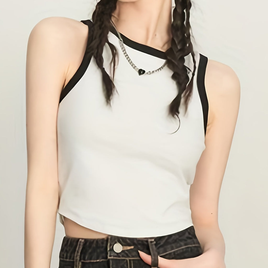 Women's C-Key Vacation Style Color-Block Tank Top - White & Black Sleeveless Round Neck, Medium Stretch Machine-Washable All-Season Casual Top, Versatile Clothing, Twist Knot Detail, Comfortable Fit