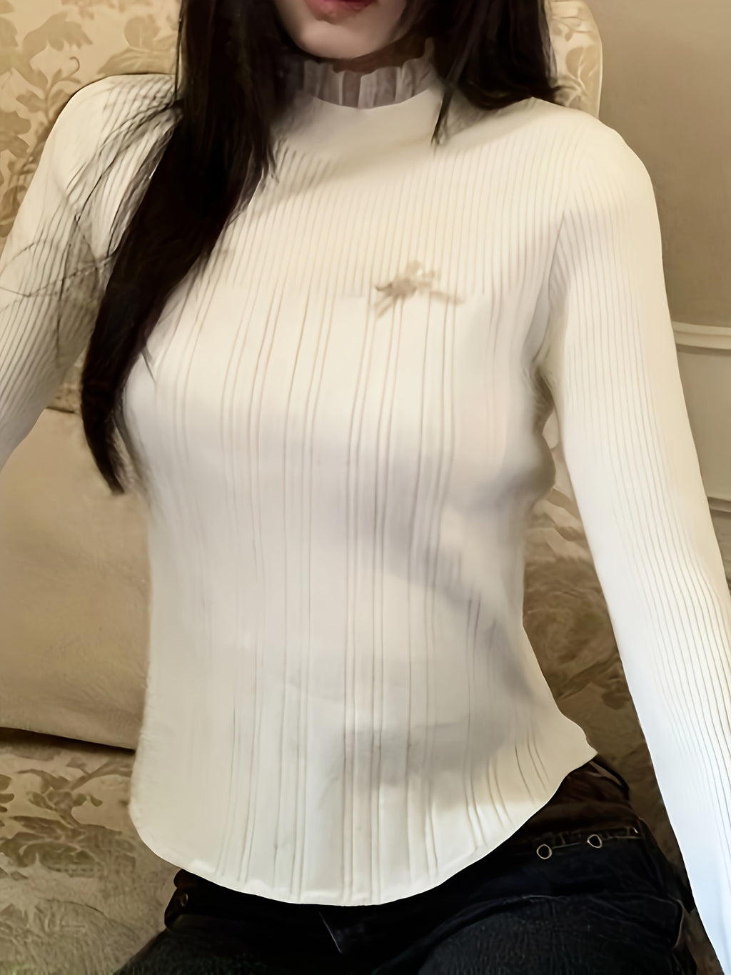 Women's Elegant Ribbed Knit Sweater - High Neck, Long Sleeve, Solid White, Slim Fit, Machine Washable, Polyester, All-Season Style, Ladies Sweaters